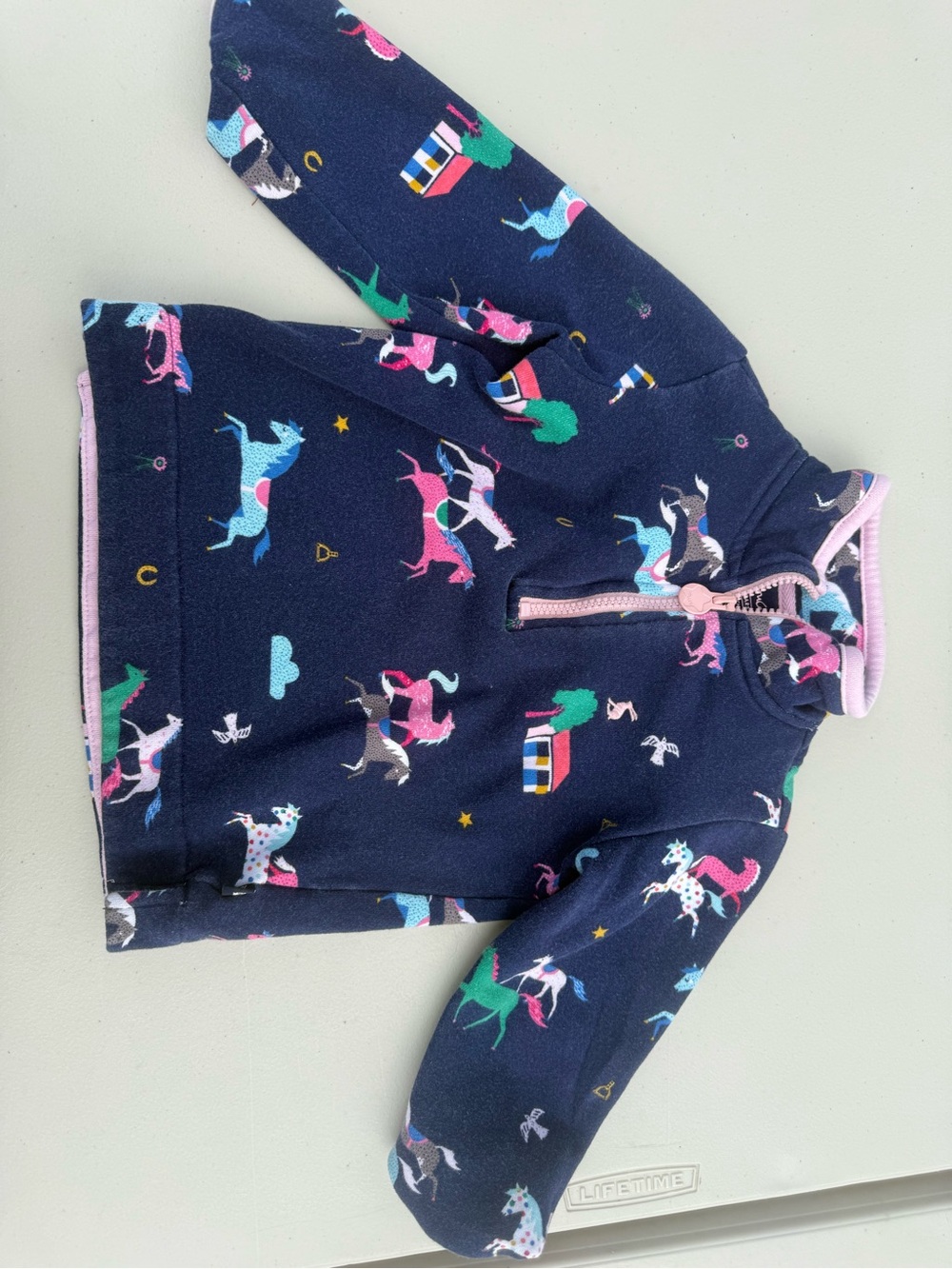 Joules Navy Unicorn Print Half-Zip with Pink Trim - Size 4T